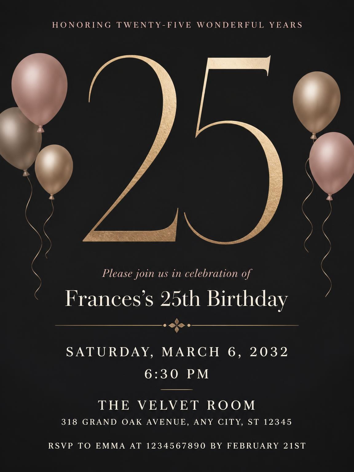 Charcoal and Blush 25th Birthday Invitation