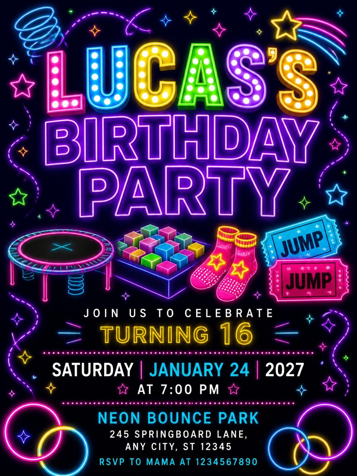 Neon Trampoline 16th Birthday Invitation
