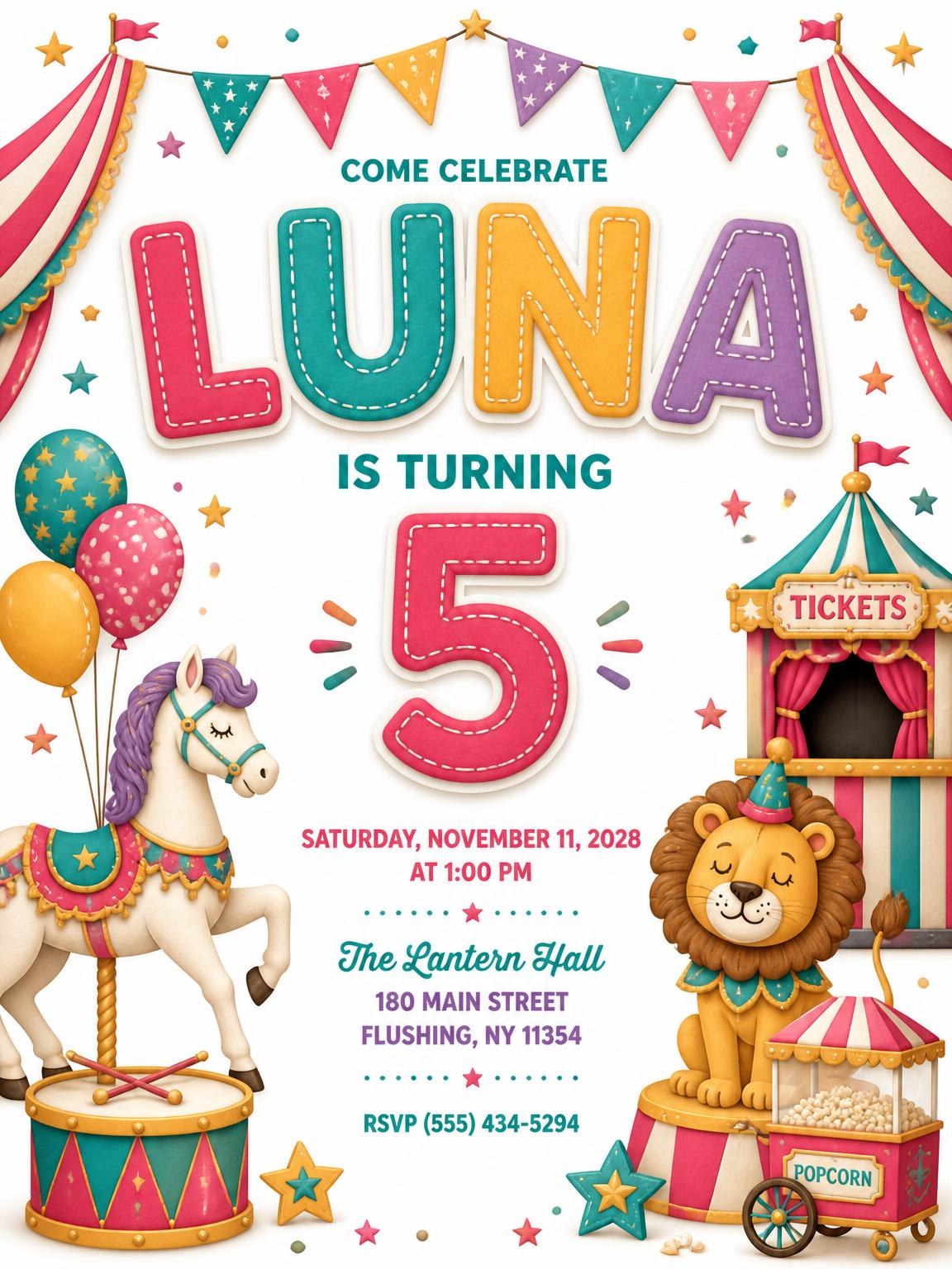 Stitched Circus 5th Birthday Invitation