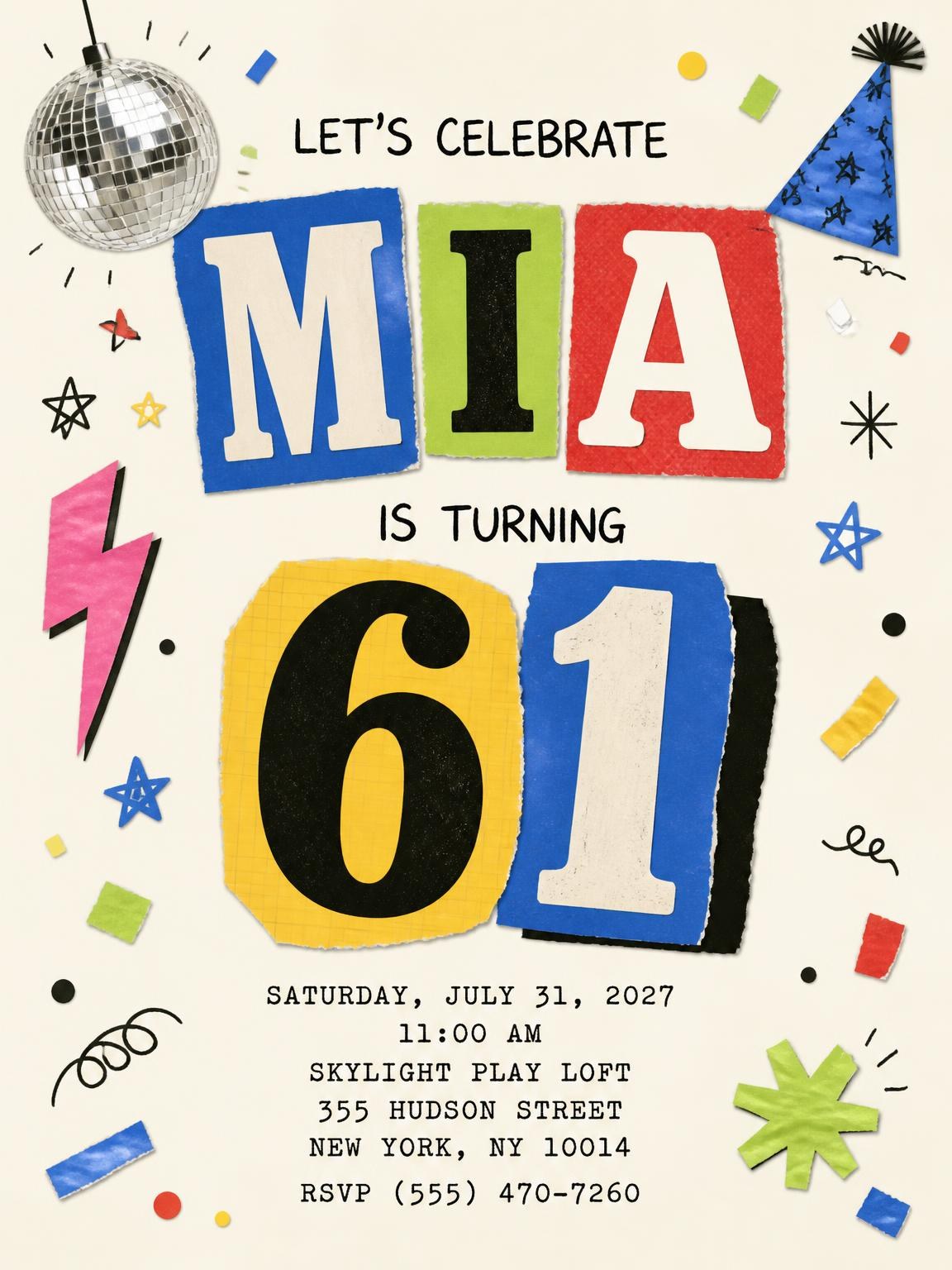 Retro Paper Collage 61st Birthday Invitation