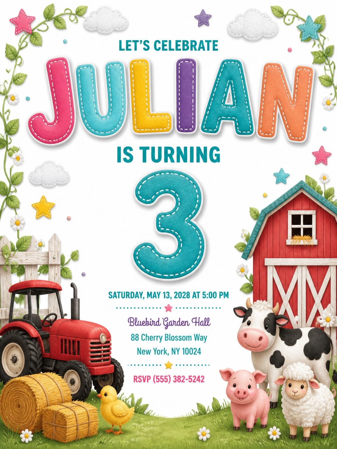 Stitched Farm 3rd Birthday Invitation