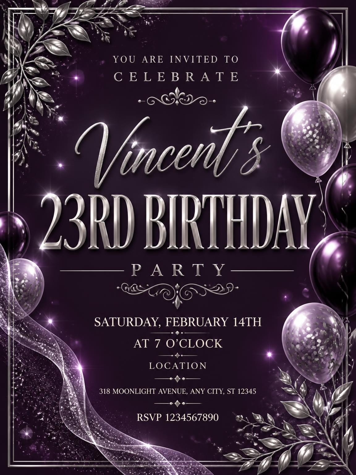 Plum and Silver 23rd Birthday Invitation