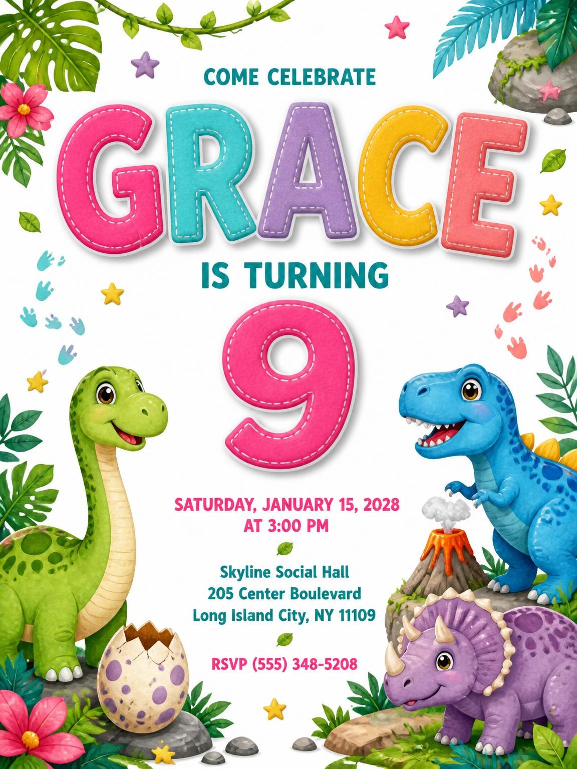 Stitched Dinosaur 9th Birthday Invitation