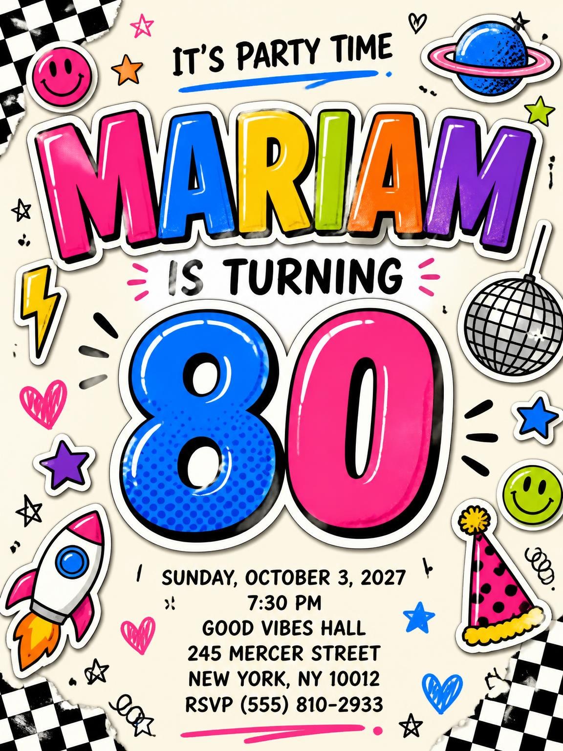Sticker Pop 80th Birthday Invitation