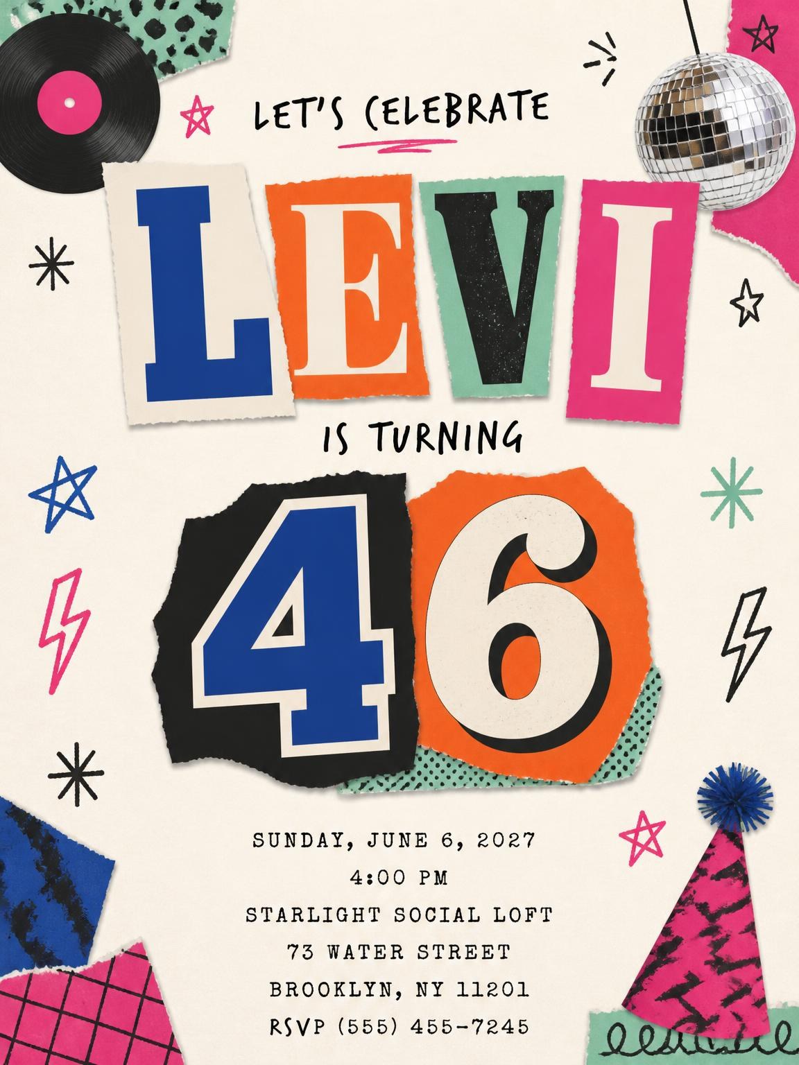 Retro Paper Collage 46th Birthday Invitation