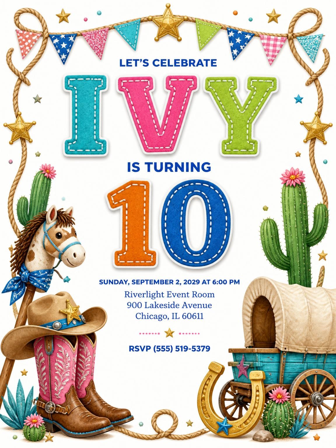 Stitched Cowboy 10th Birthday Invitation