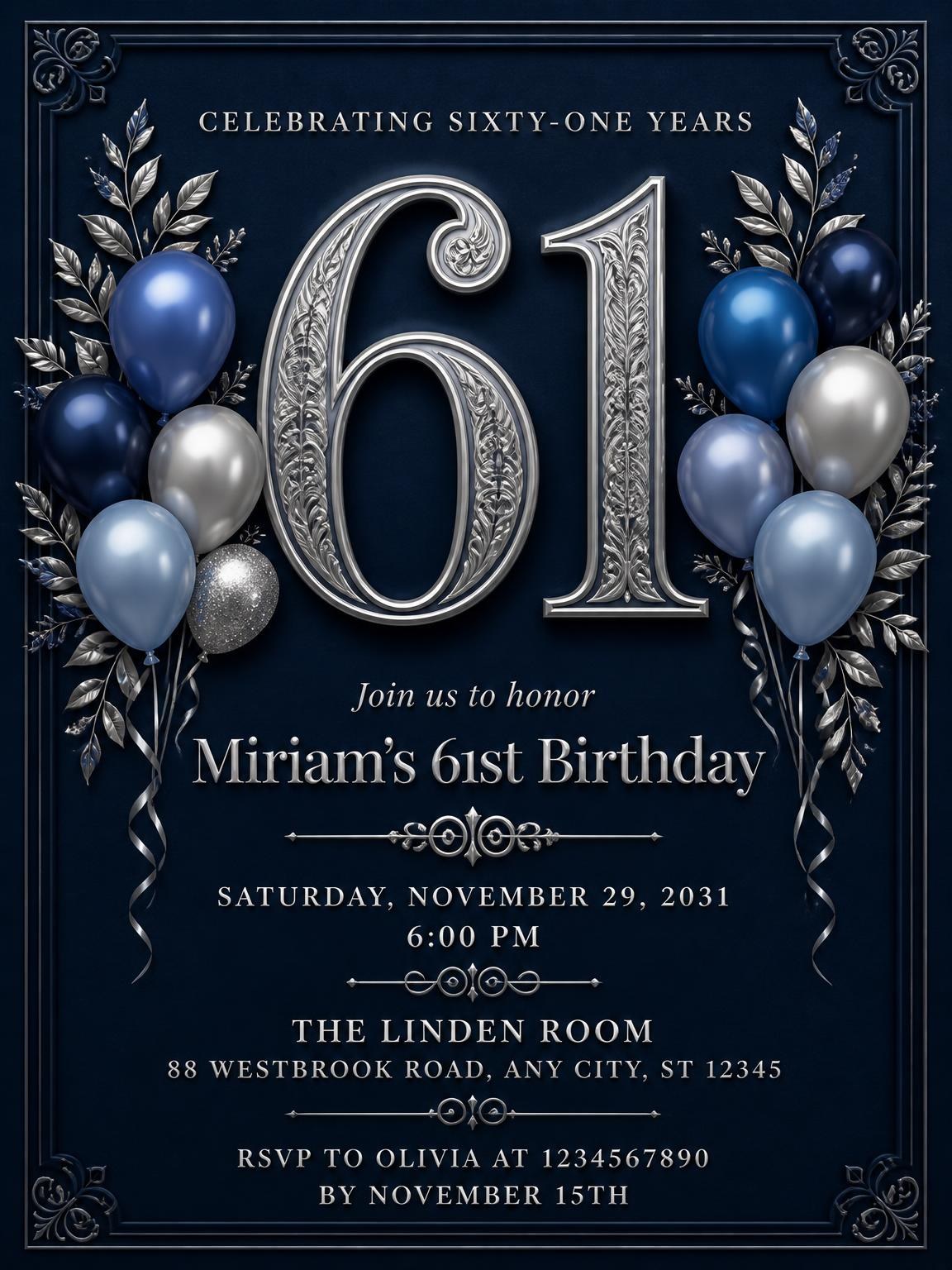 Navy and Silver 61st Birthday Invitation