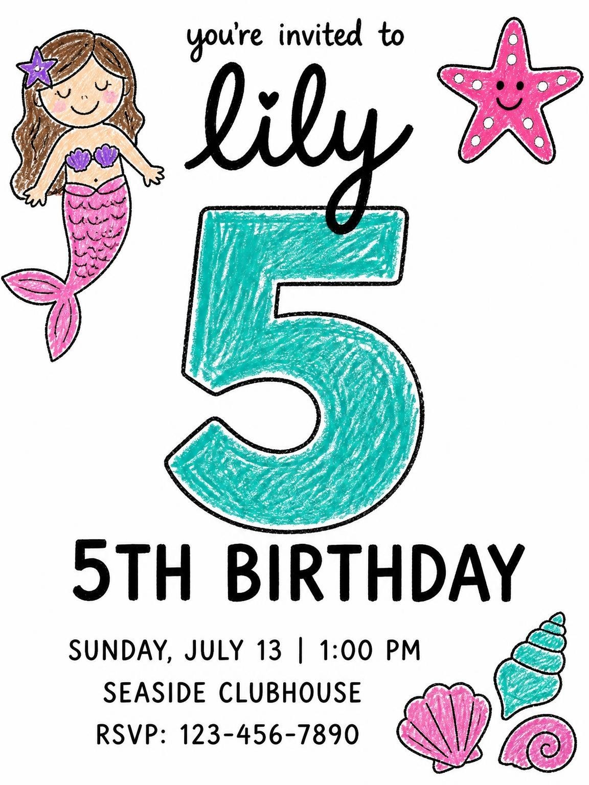 Crayon Mermaid Sea Creature 5th Birthday