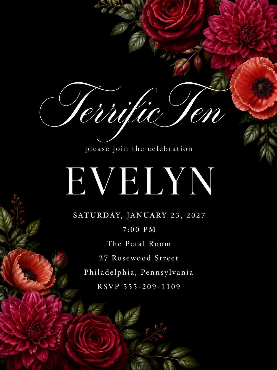 Black Floral 10th Birthday Invitation