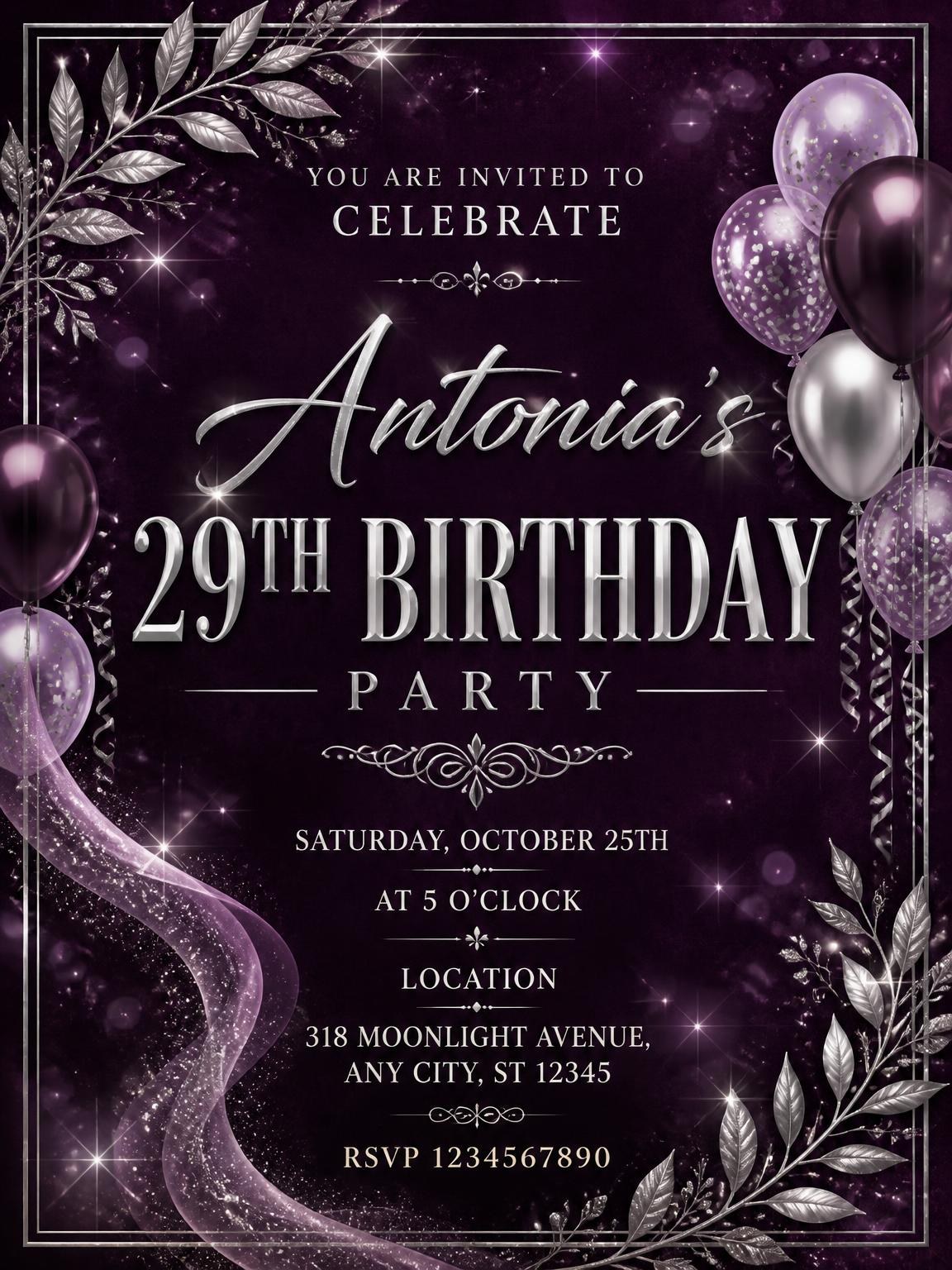 Plum and Silver 29th Birthday Invitation