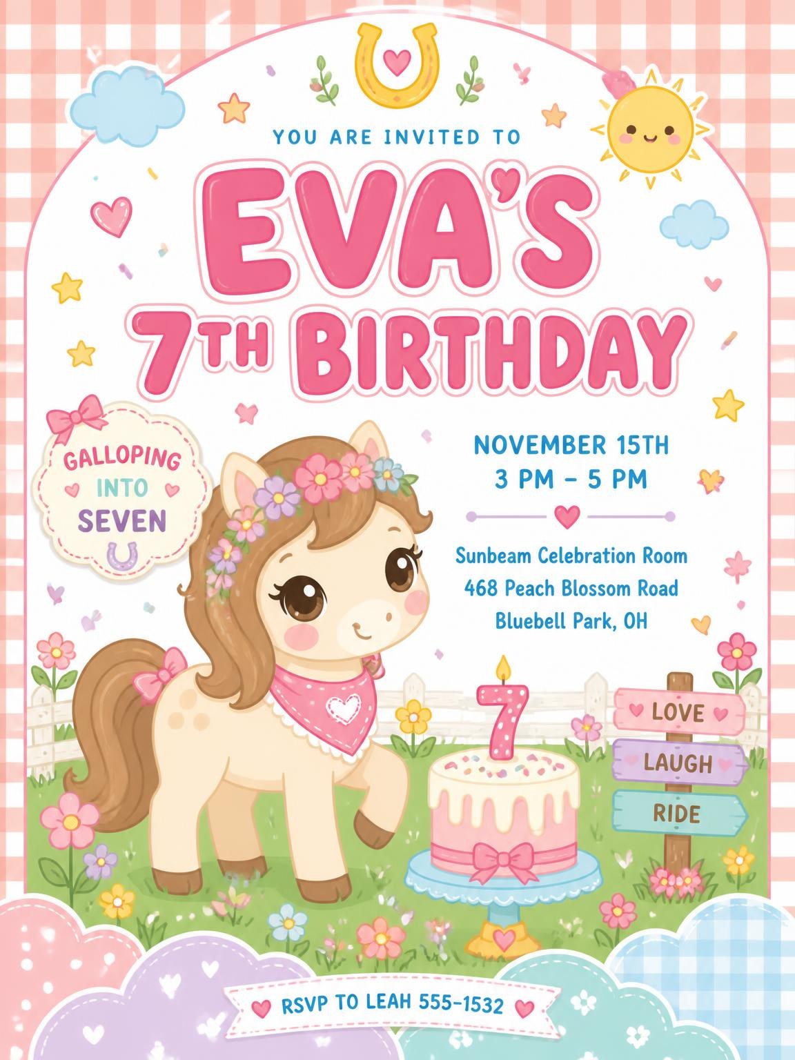 Kawaii Pony 7th Birthday Invitation