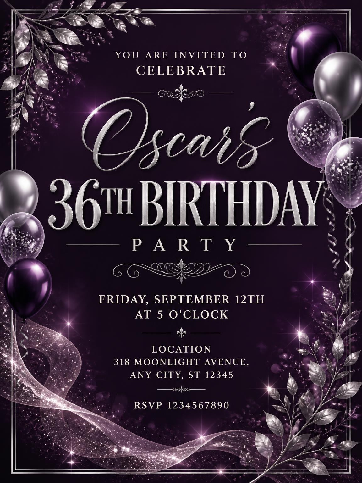 Plum and Silver 36th Birthday Invitation