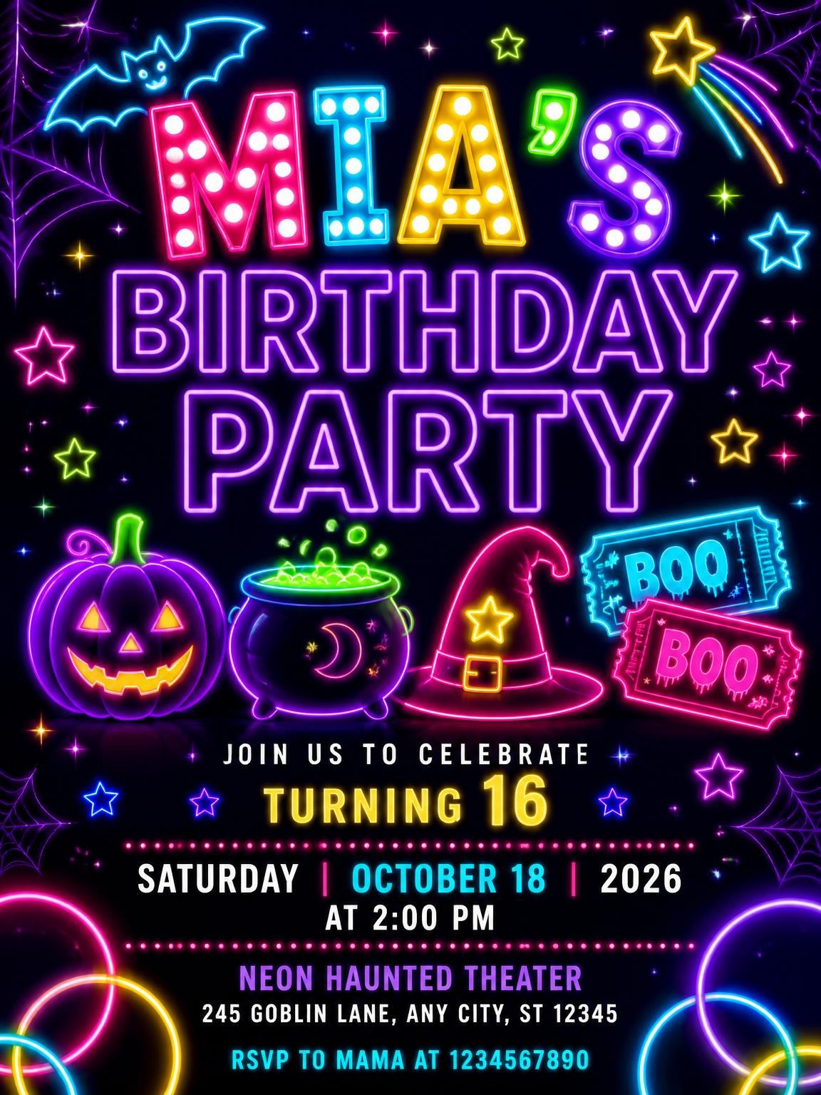 Neon Halloween Glow 16th Birthday Invitation