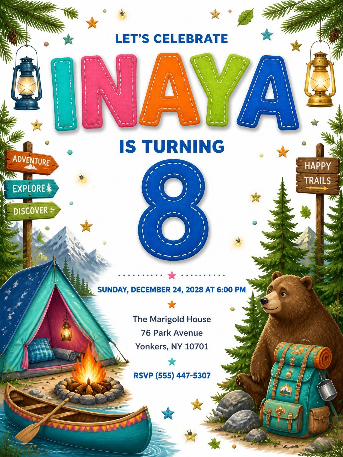Stitched Camping 8th Birthday Invitation