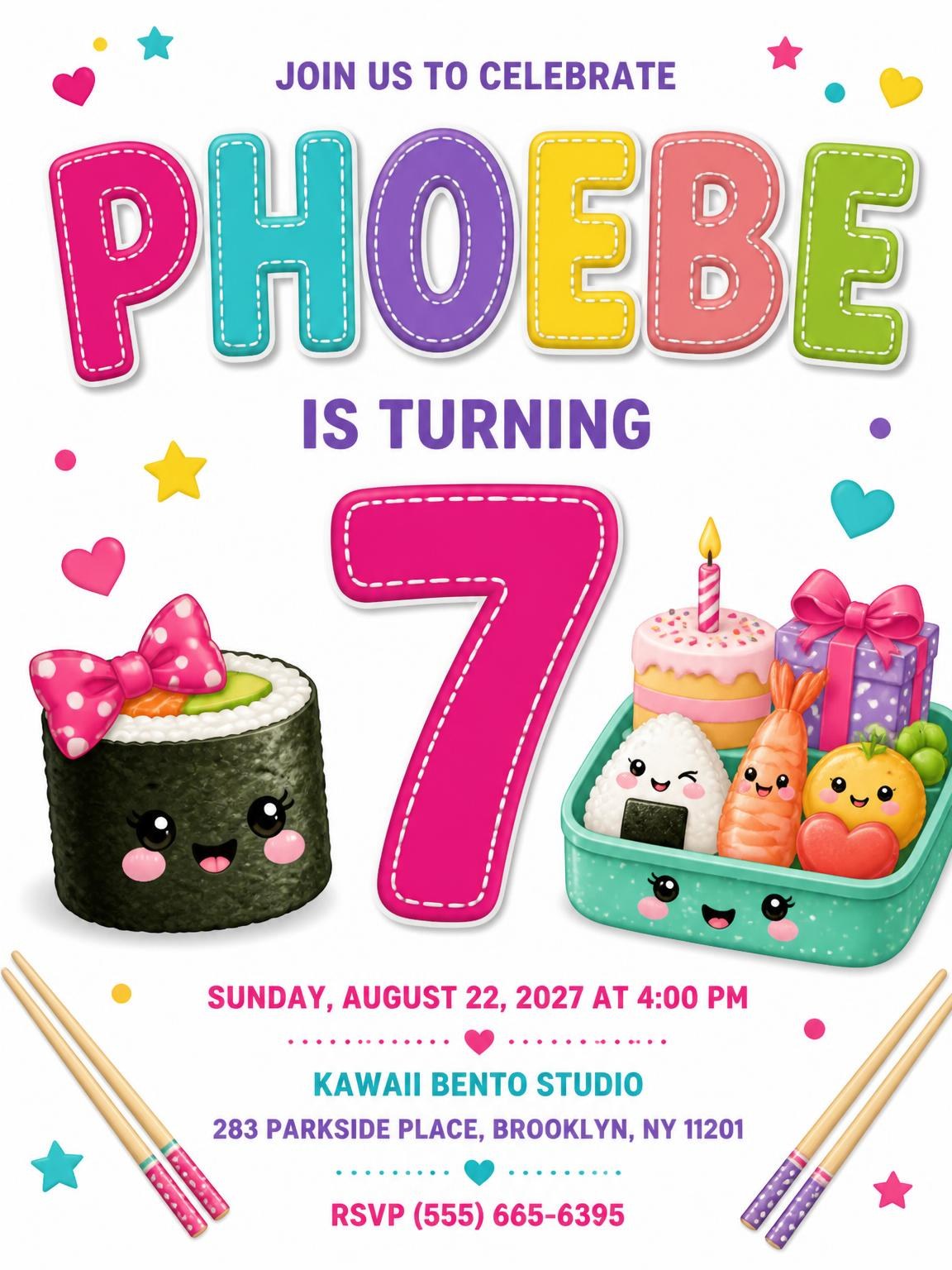 Bento Box Stitched 7th Birthday Invitation