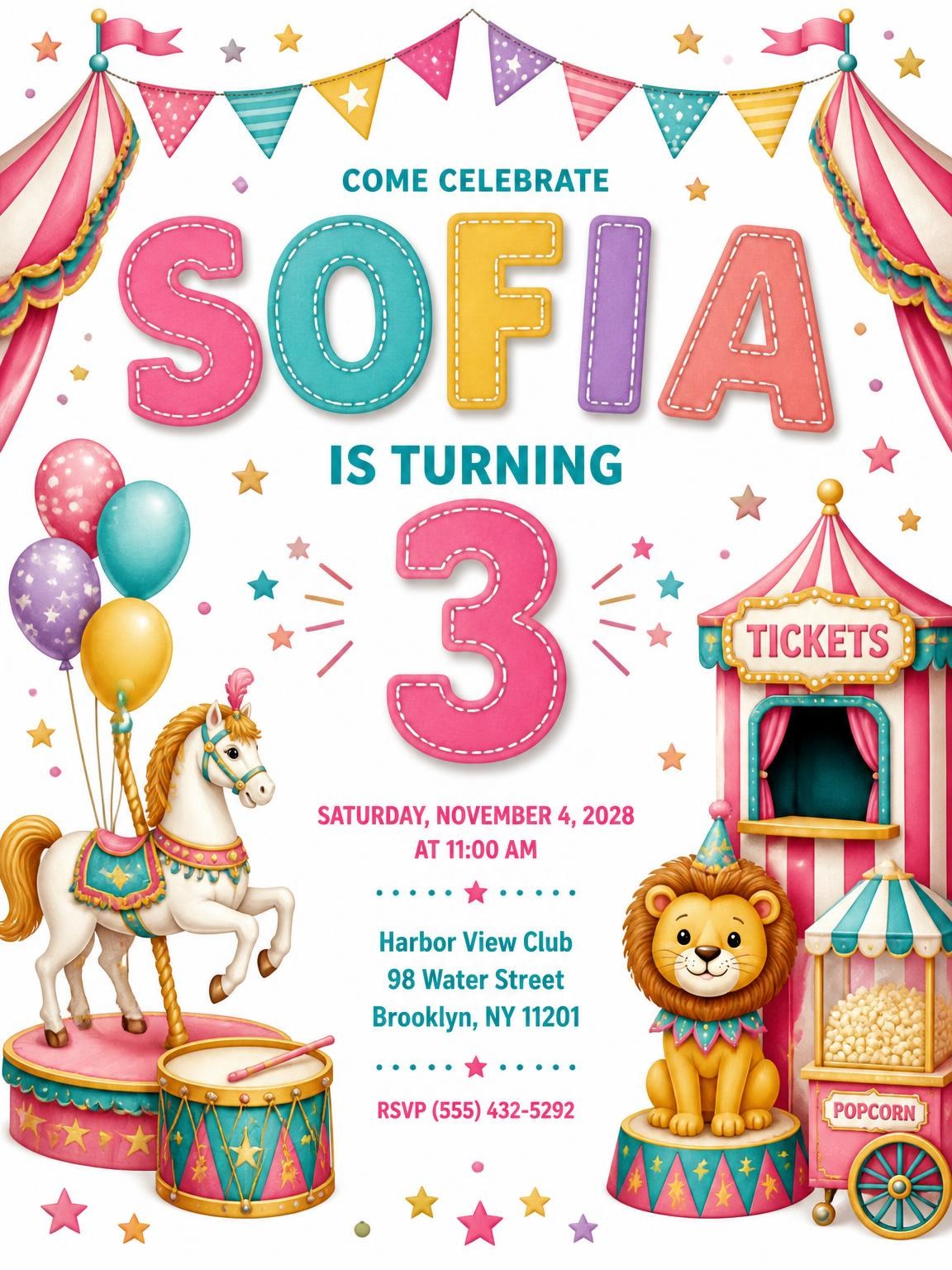 Stitched Circus 3rd Birthday Invitation