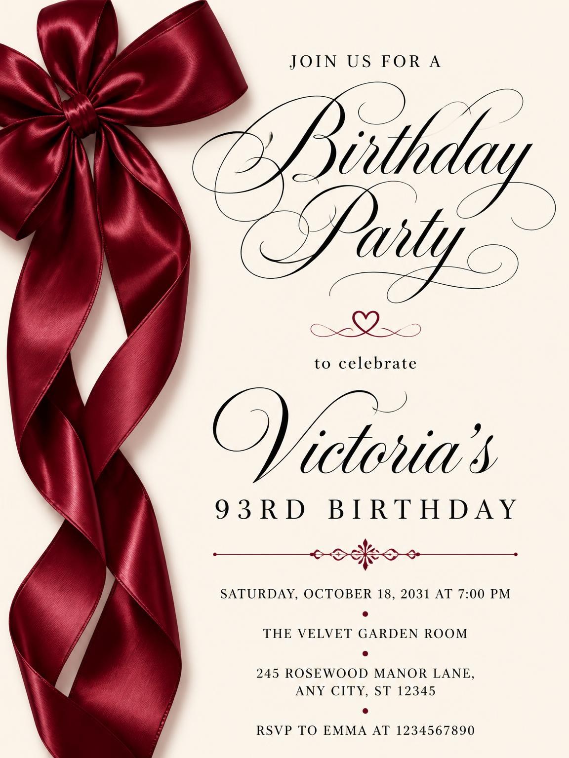 Burgundy Satin Bow 93rd Birthday Invitation