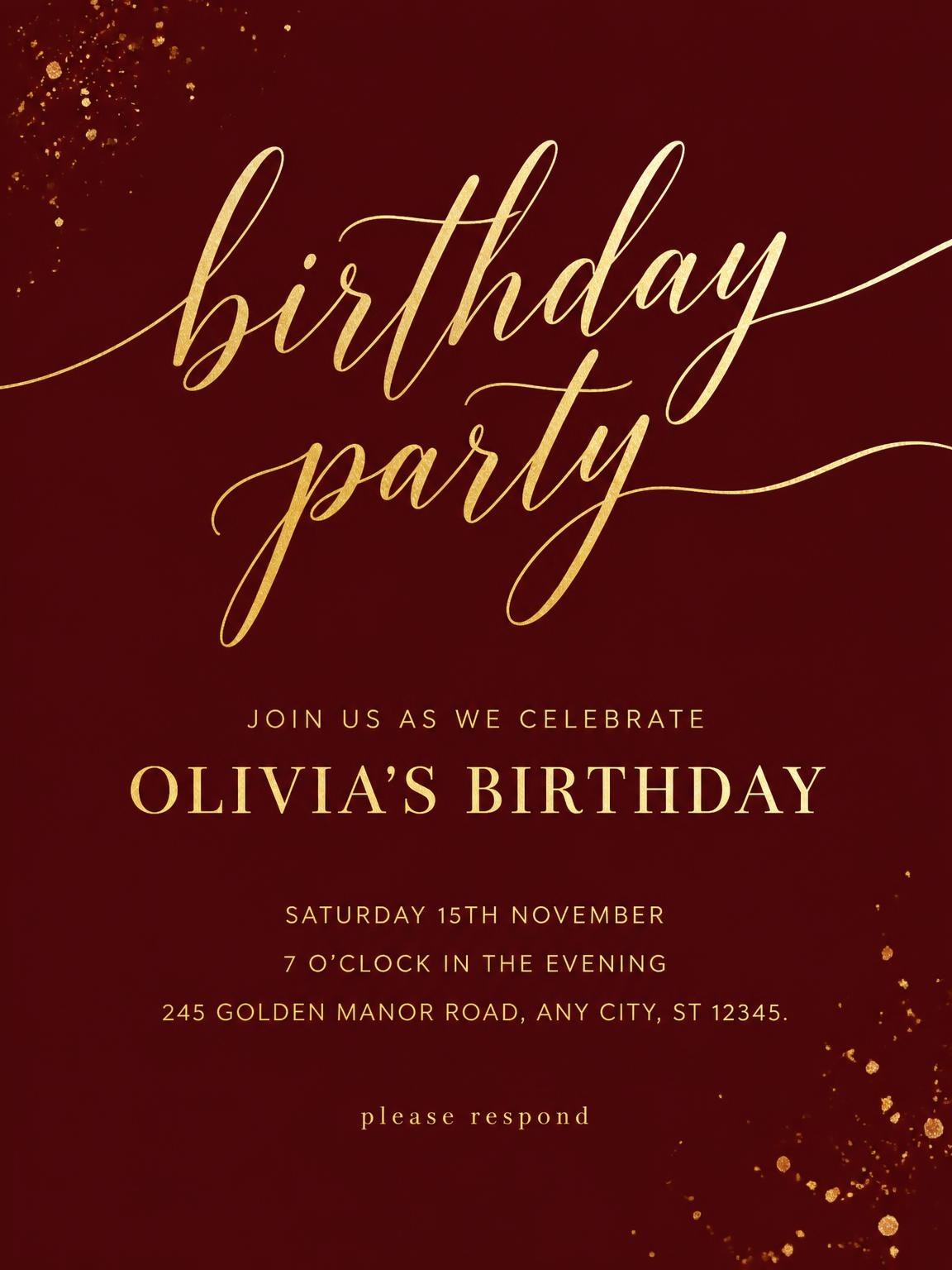 Oxblood and Gold Birthday Invitation