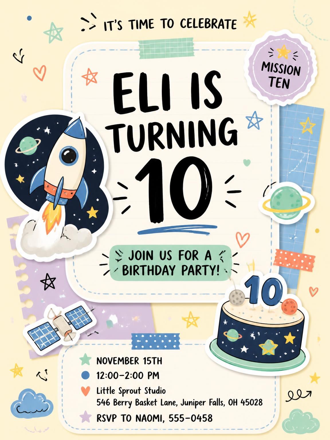 Rocket Ship Pastel 10th Birthday Invitation