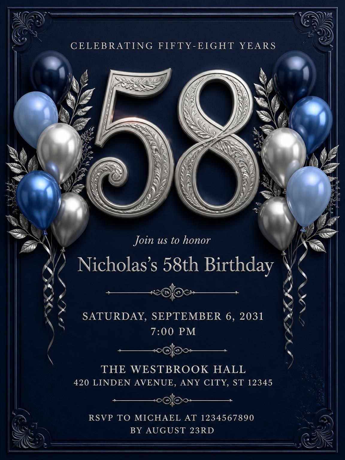 Navy and Silver 58th Birthday Invitation