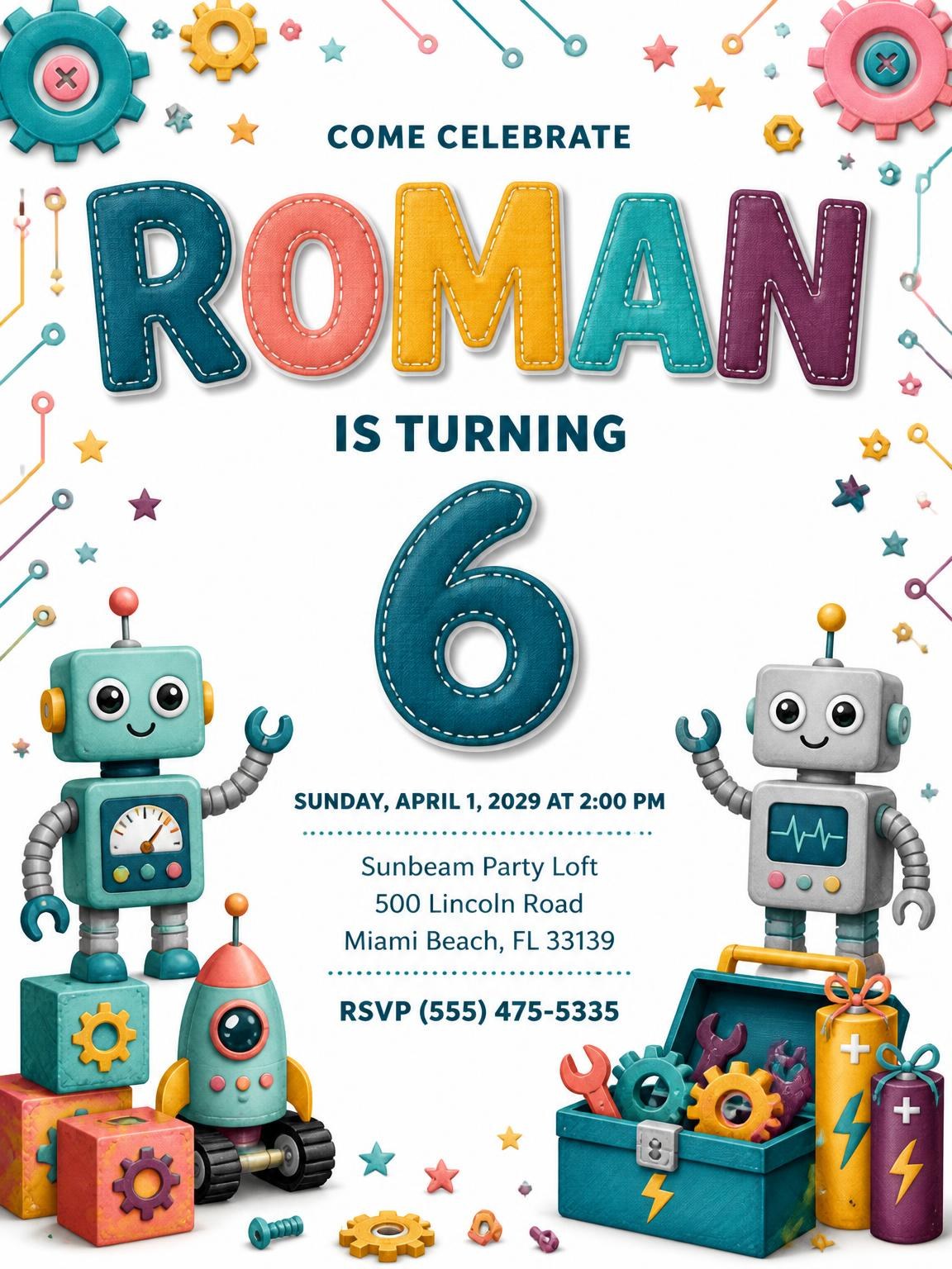 Stitched Robot 6th Birthday Invitation