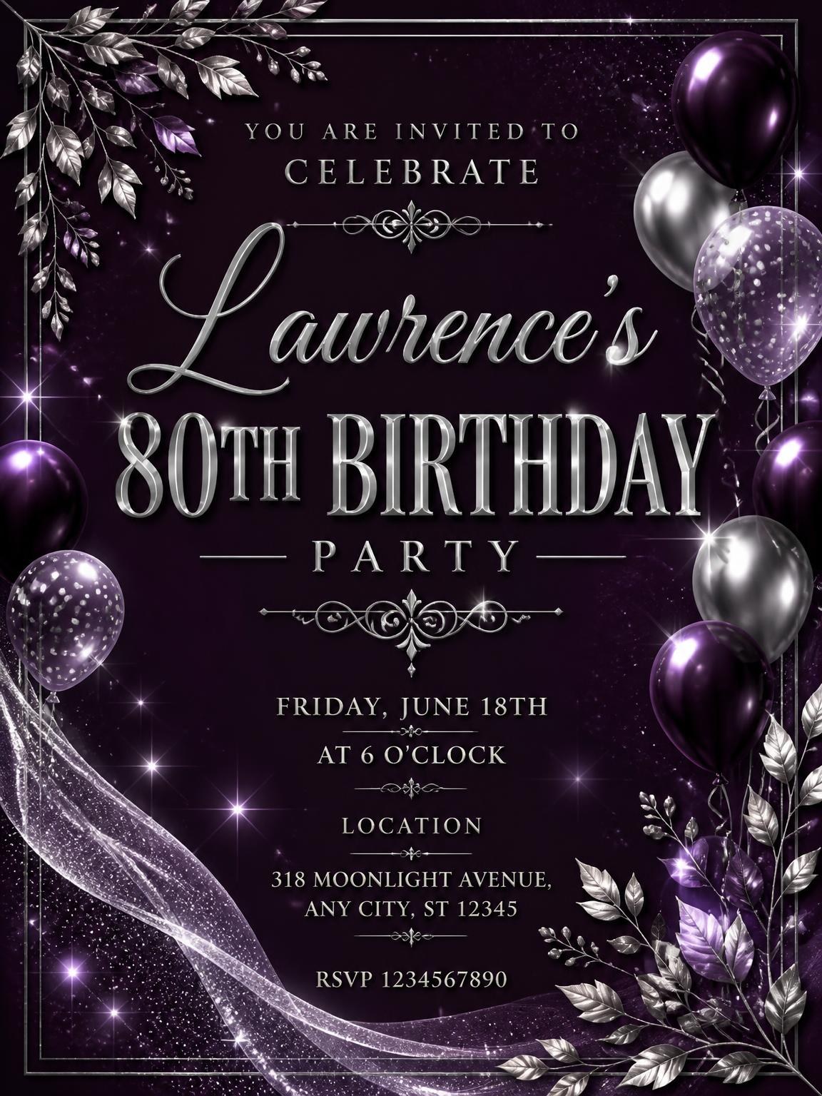 Plum and Silver 80th Birthday Invitation