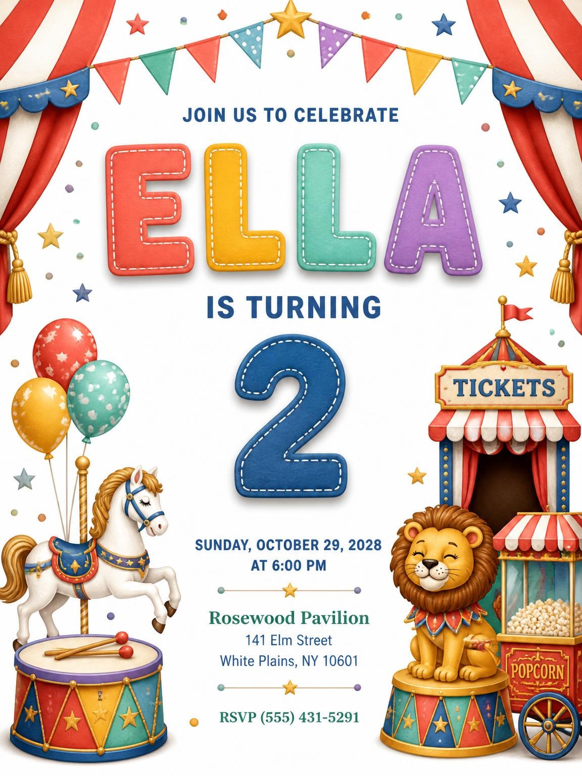 Stitched Circus 2nd Birthday Invitation