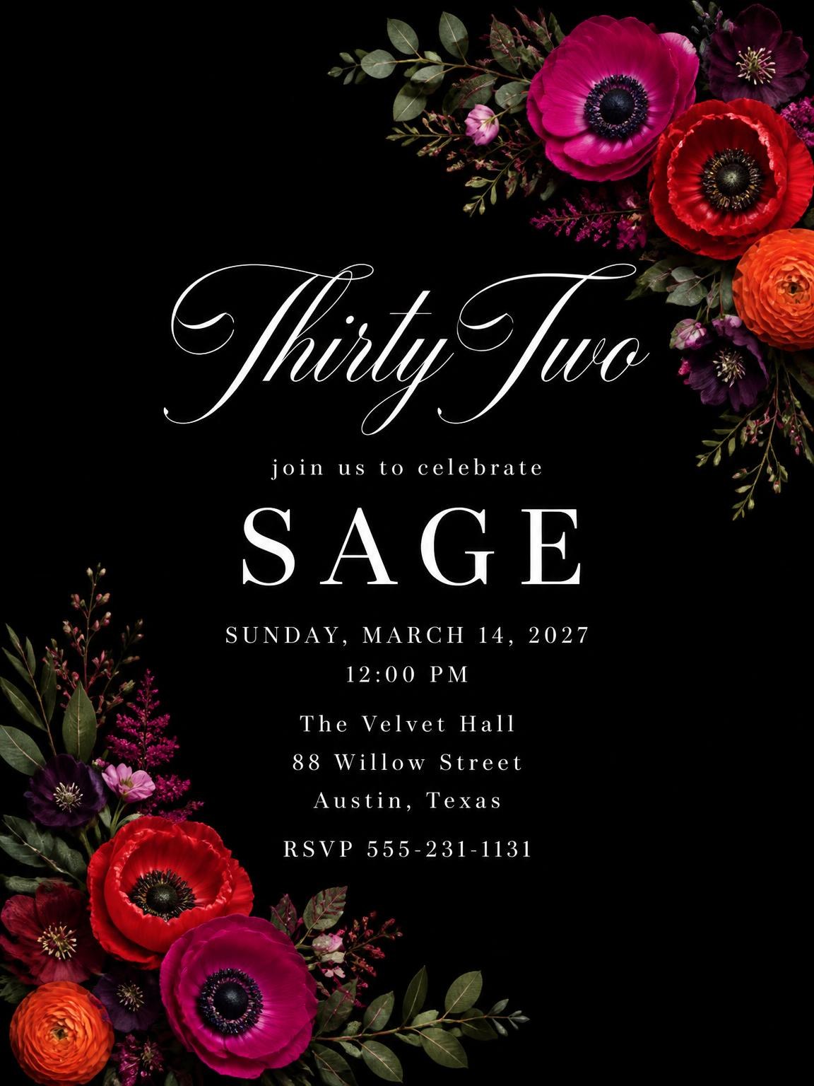 Black Floral 32nd Birthday Invitation
