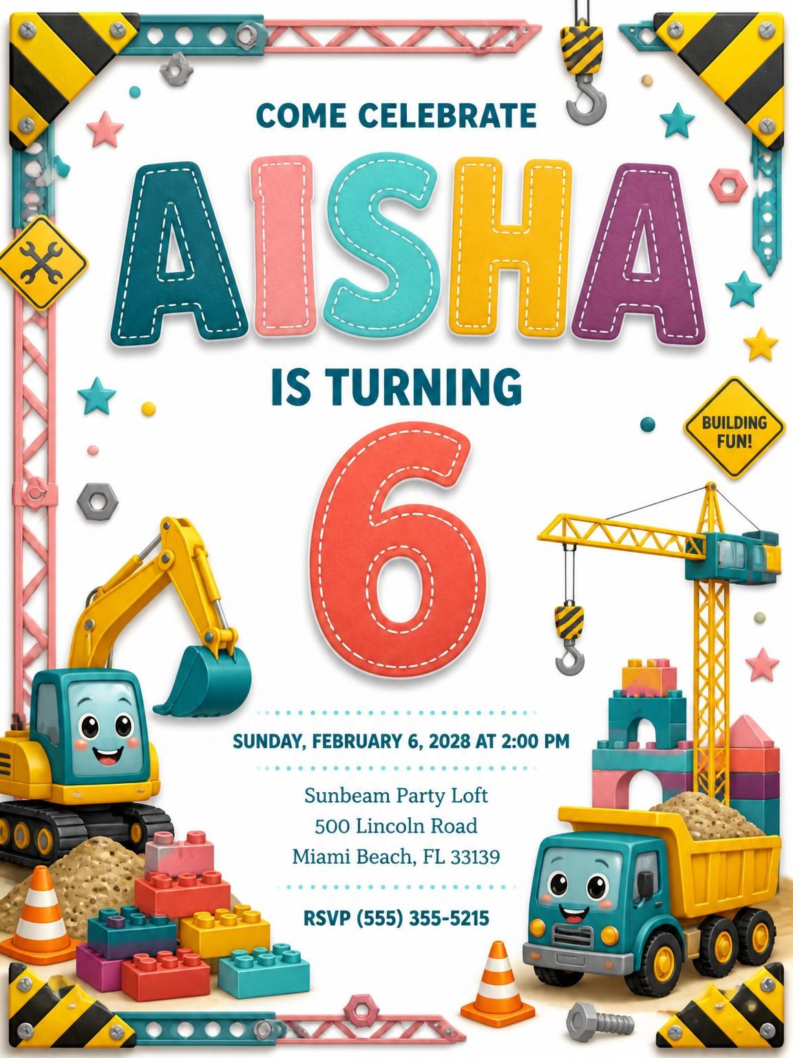 Stitched Construction 6th Birthday Invitation