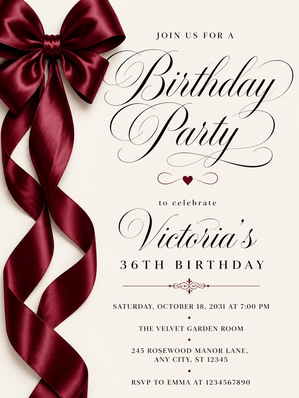 Burgundy Satin Bow 36th Birthday Invitation