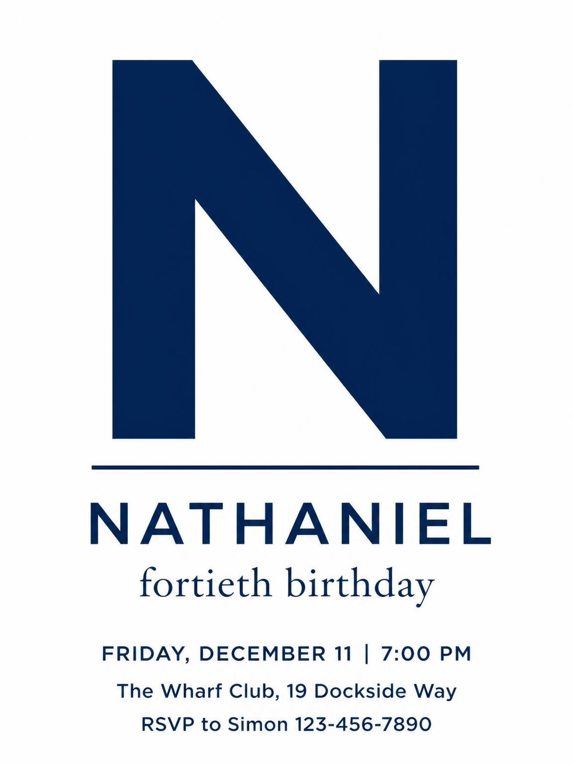 Navy Initial 40th Birthday Invitation