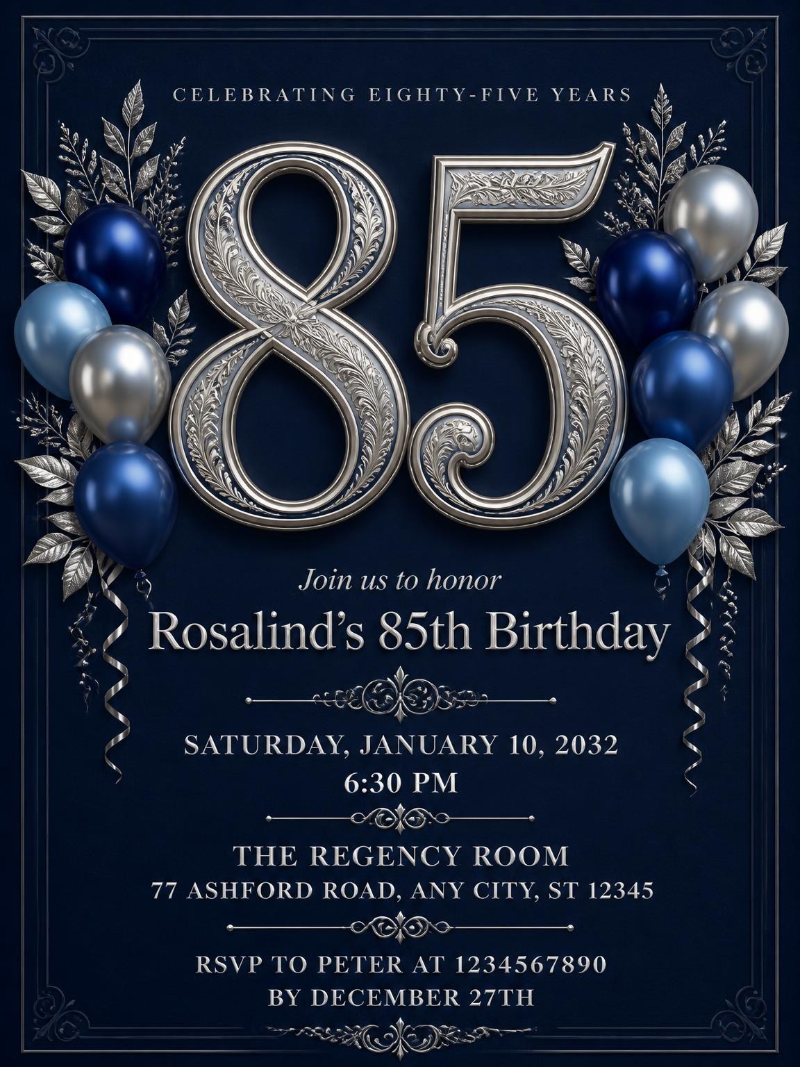 Navy and Silver 85th Birthday Invitation