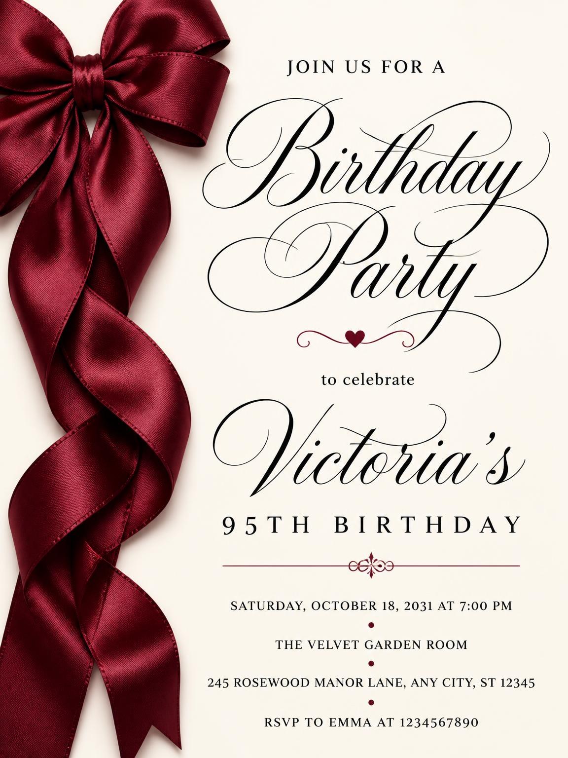 Burgundy Satin Bow 95th Birthday Invitation