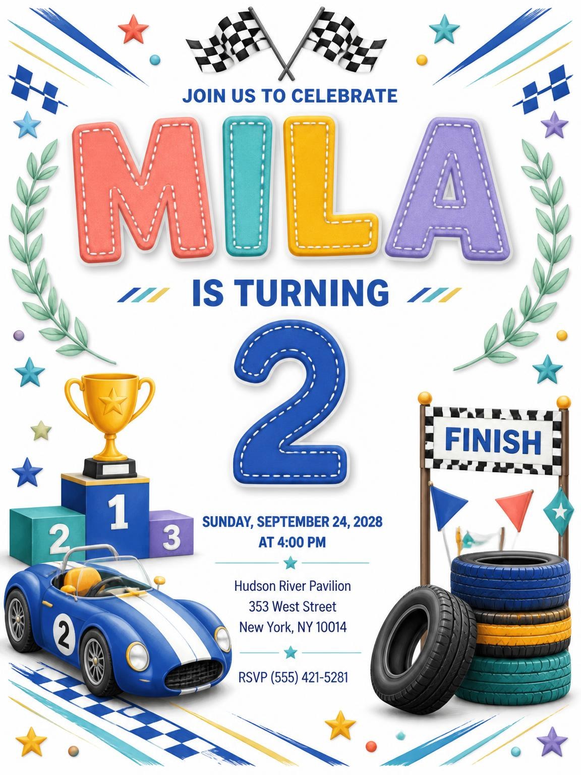 Stitched Race Car 2nd Birthday Invitation