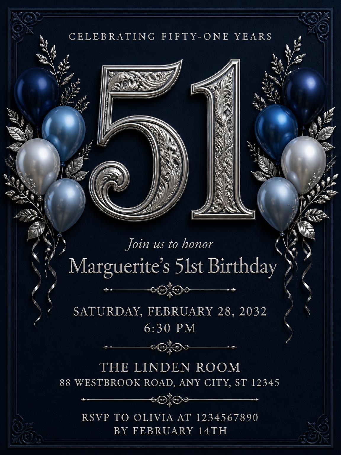 Navy and Silver 51st Birthday Invitation