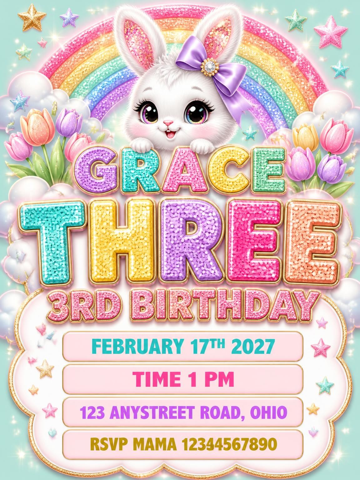 Glitter Sparkle Bunny 3rd Birthday Invitation