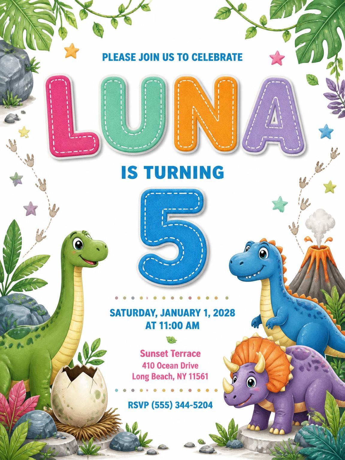 Stitched Dinosaur 5th Birthday Invitation