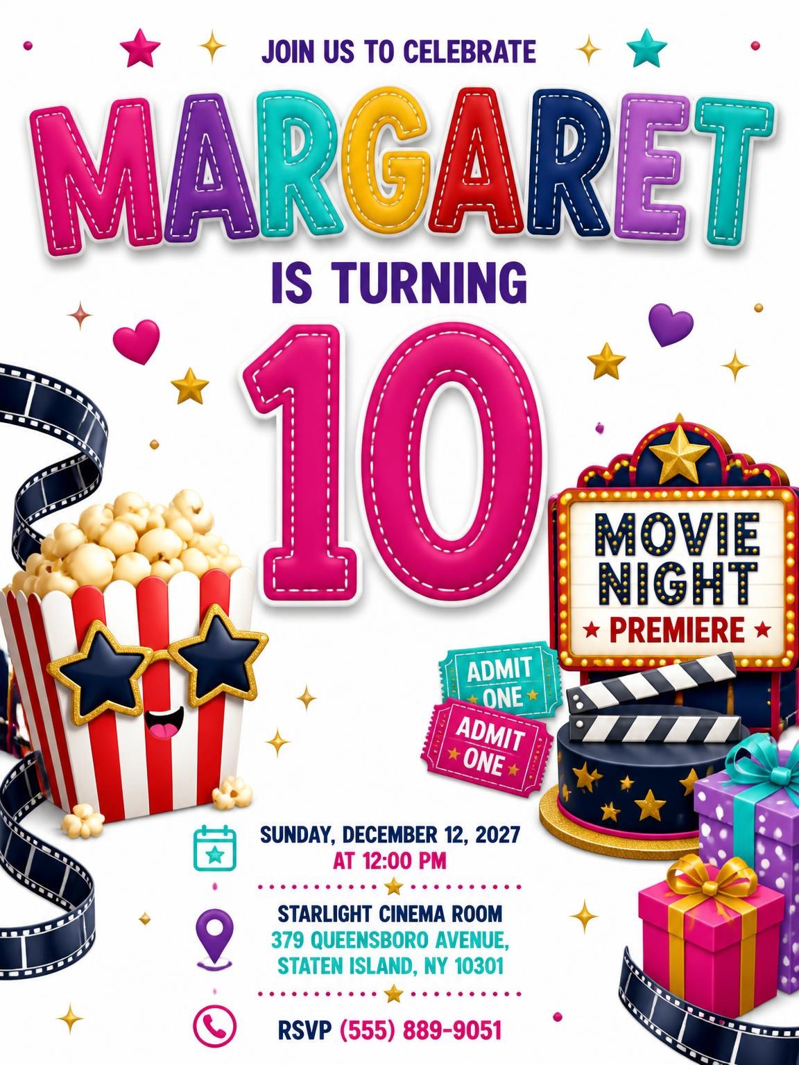 Marquee Lightbox 10th Birthday Invitation