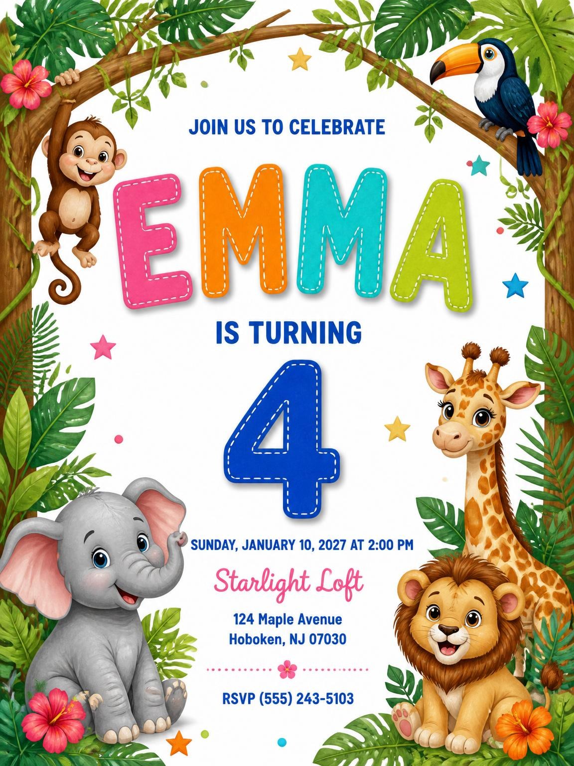 Stitched Safari 4th Birthday Invitation