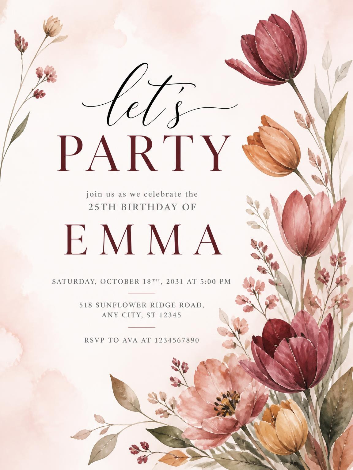 Tulips Wildflowers Autumn 25th Birthday Invitation