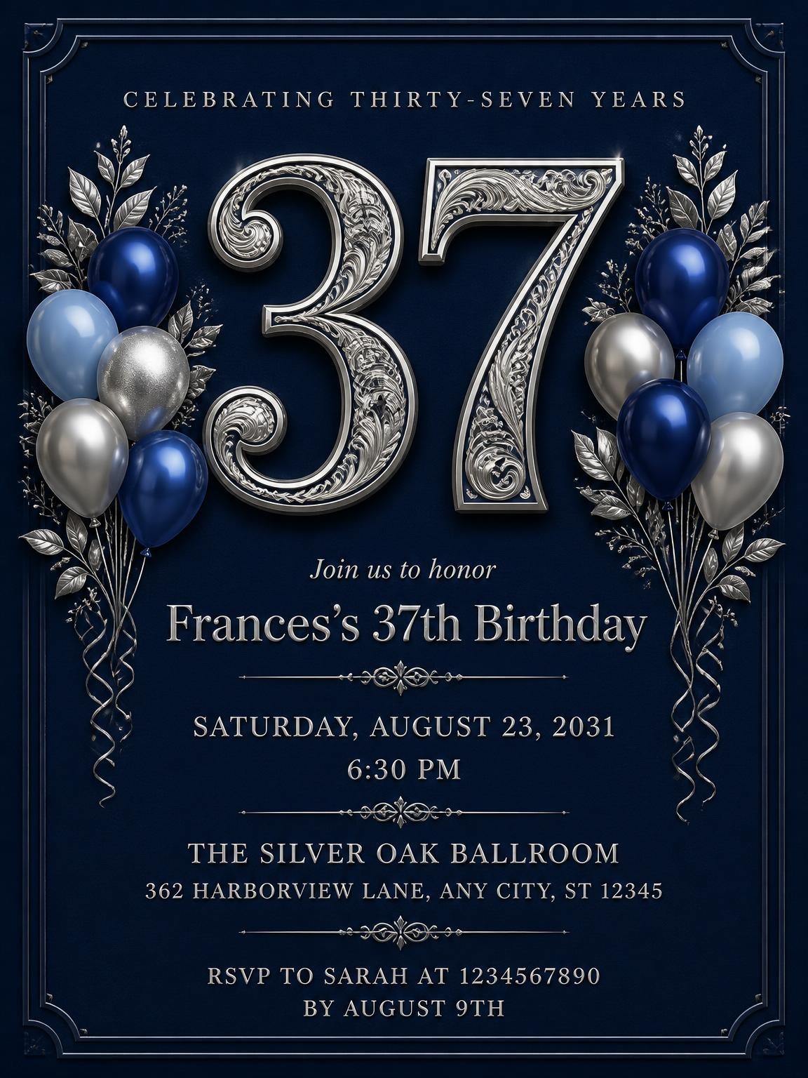Navy and Silver 37th Birthday Invitation