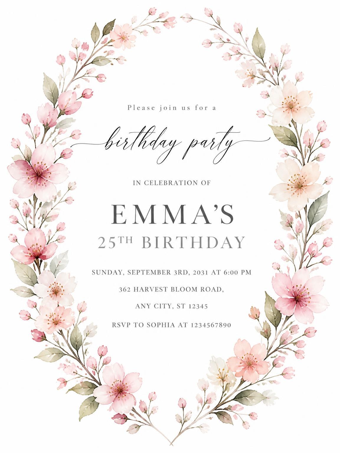Blossom Wreath Blush 25th Birthday Invitation