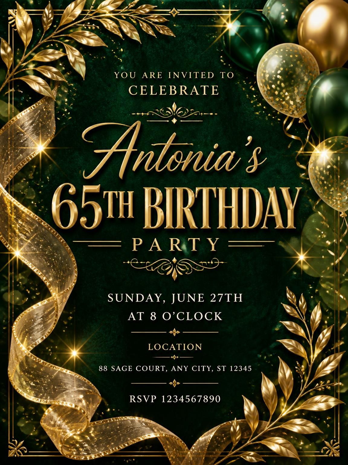 Emerald and Champagne 65th Birthday Invitation