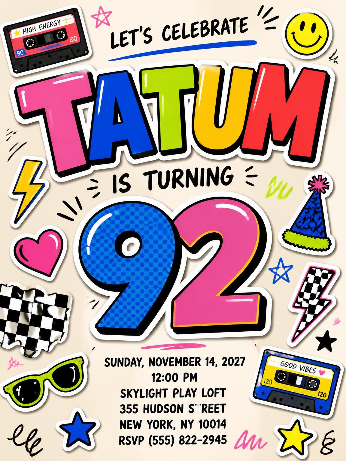 Sticker Pop 92nd Birthday Invitation