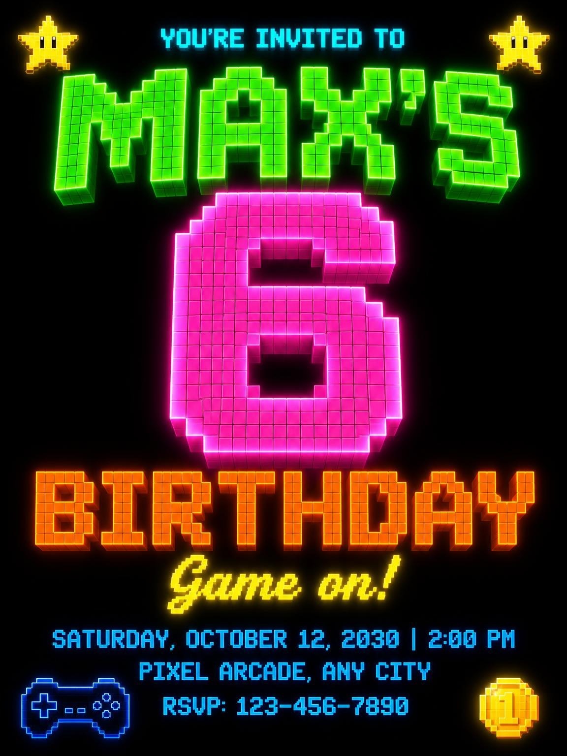 Neon Pixel Arcade 6th Birthday Invitation