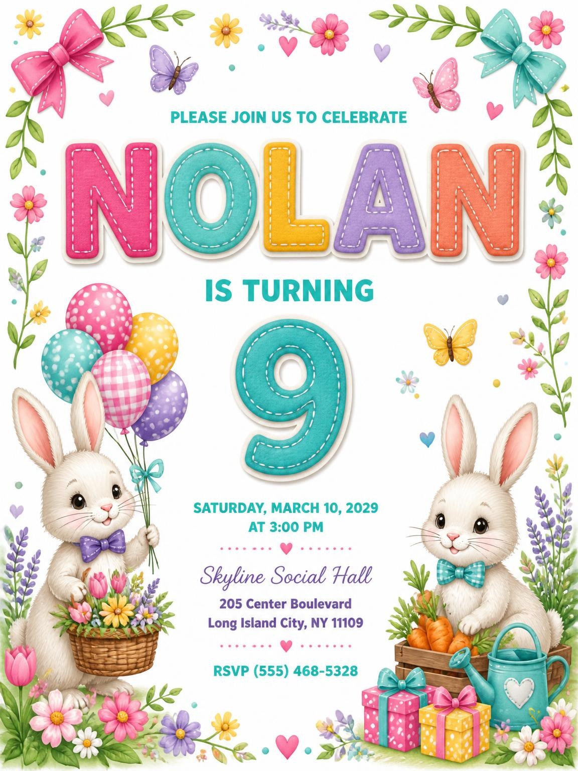 Stitched Bunny Garden 9th Birthday Invitation