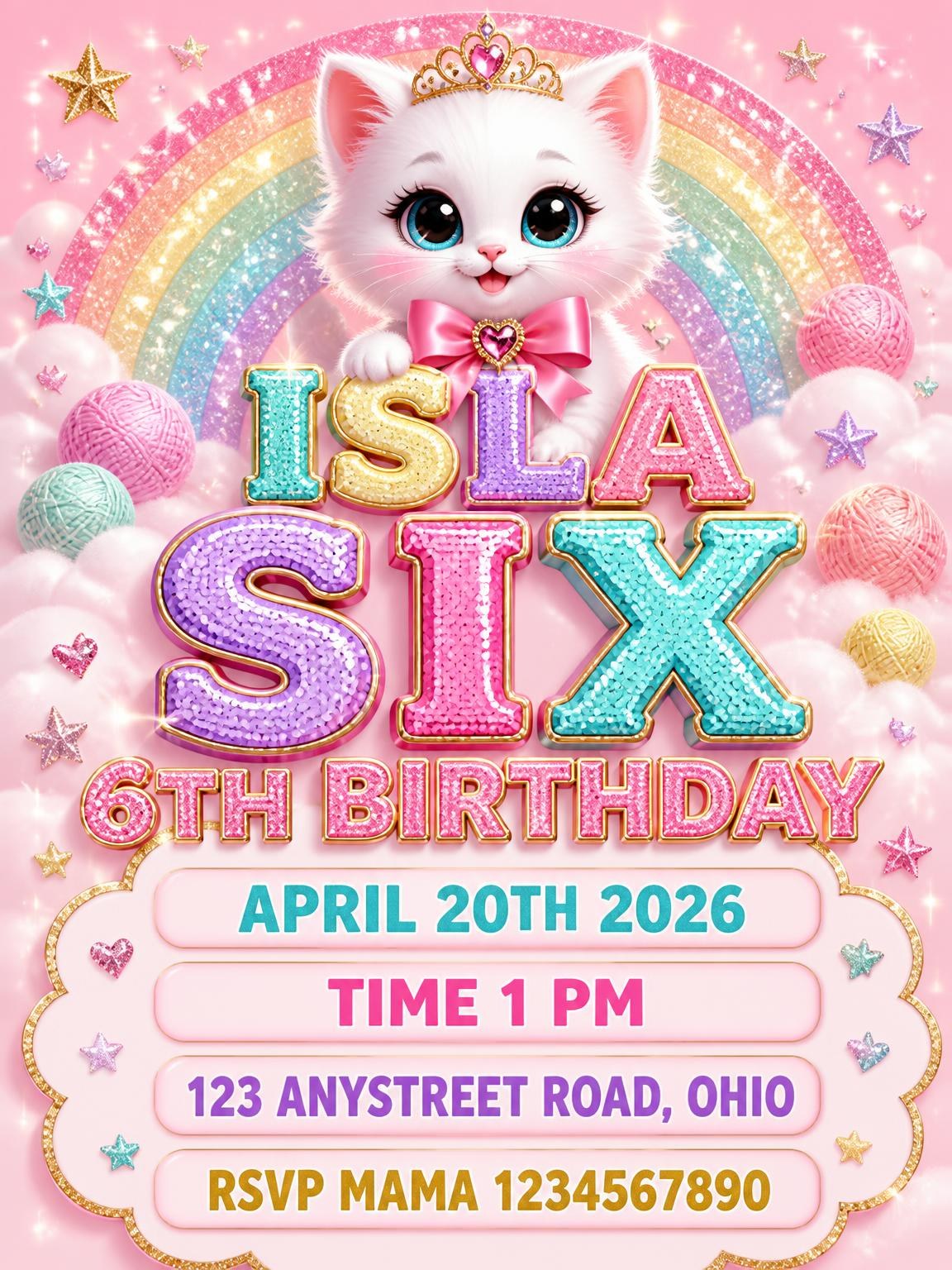 Glitter Kitty Cat 6th Birthday Invitation