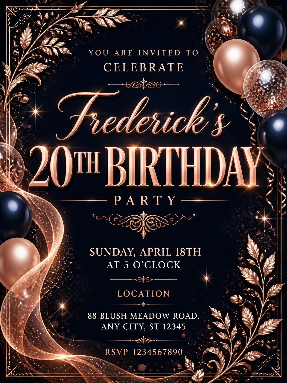 Navy and Rose Gold 20th Birthday Invitation