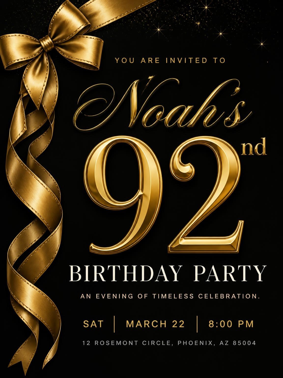 Black and Gold Ribbon 92nd Birthday