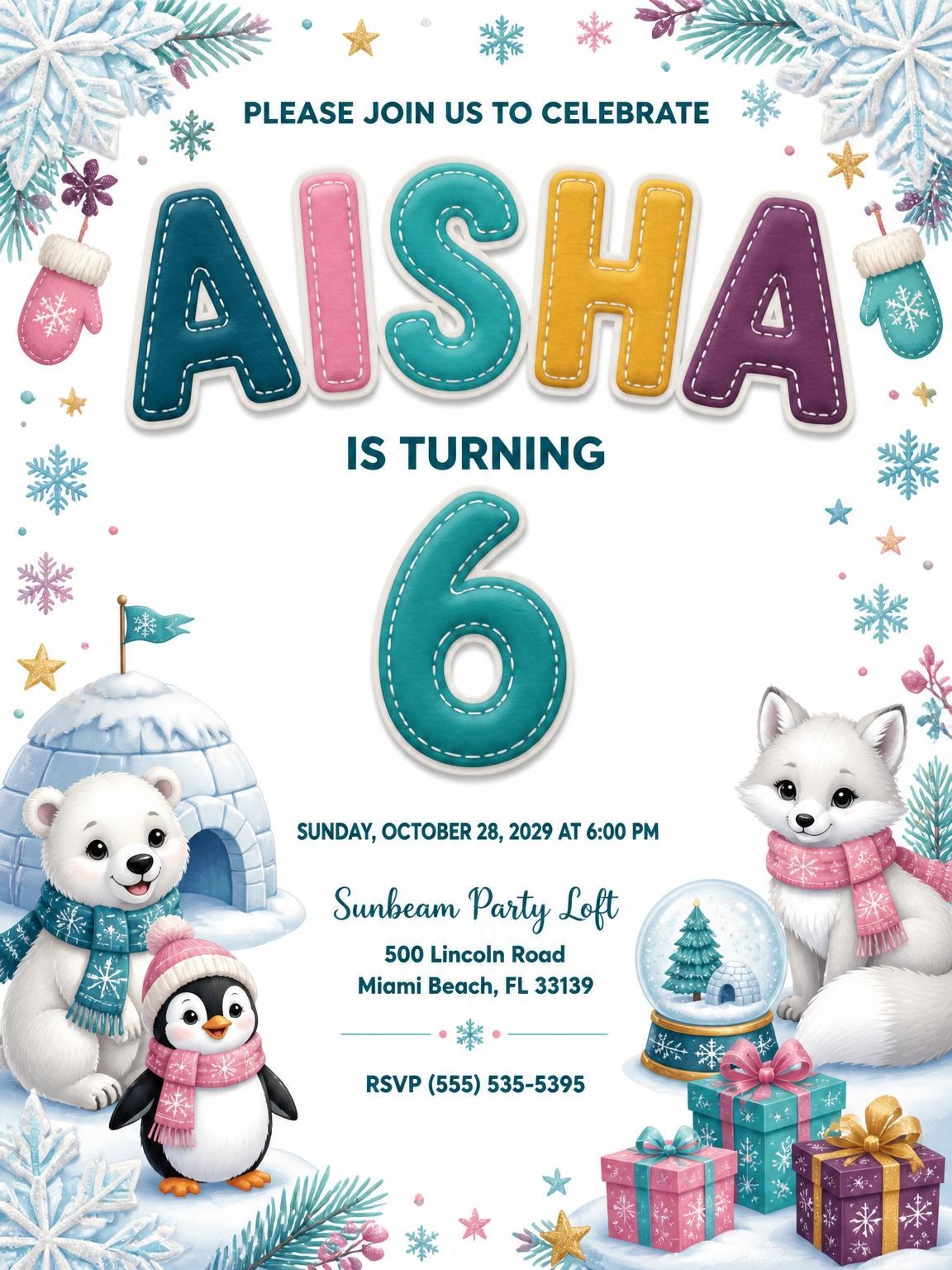 Stitched Winter Polar 6th Birthday Invitation